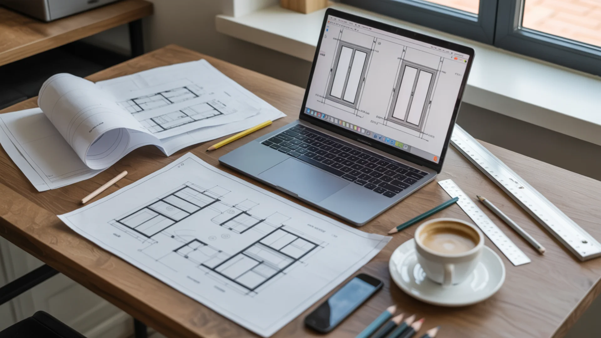 Modern workspace with architectural window design blueprints and laptop