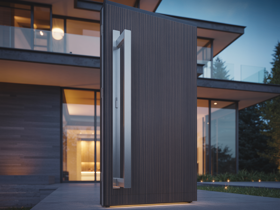 Luxury pivot entrance door installed on a modern West Vancouver home at dusk